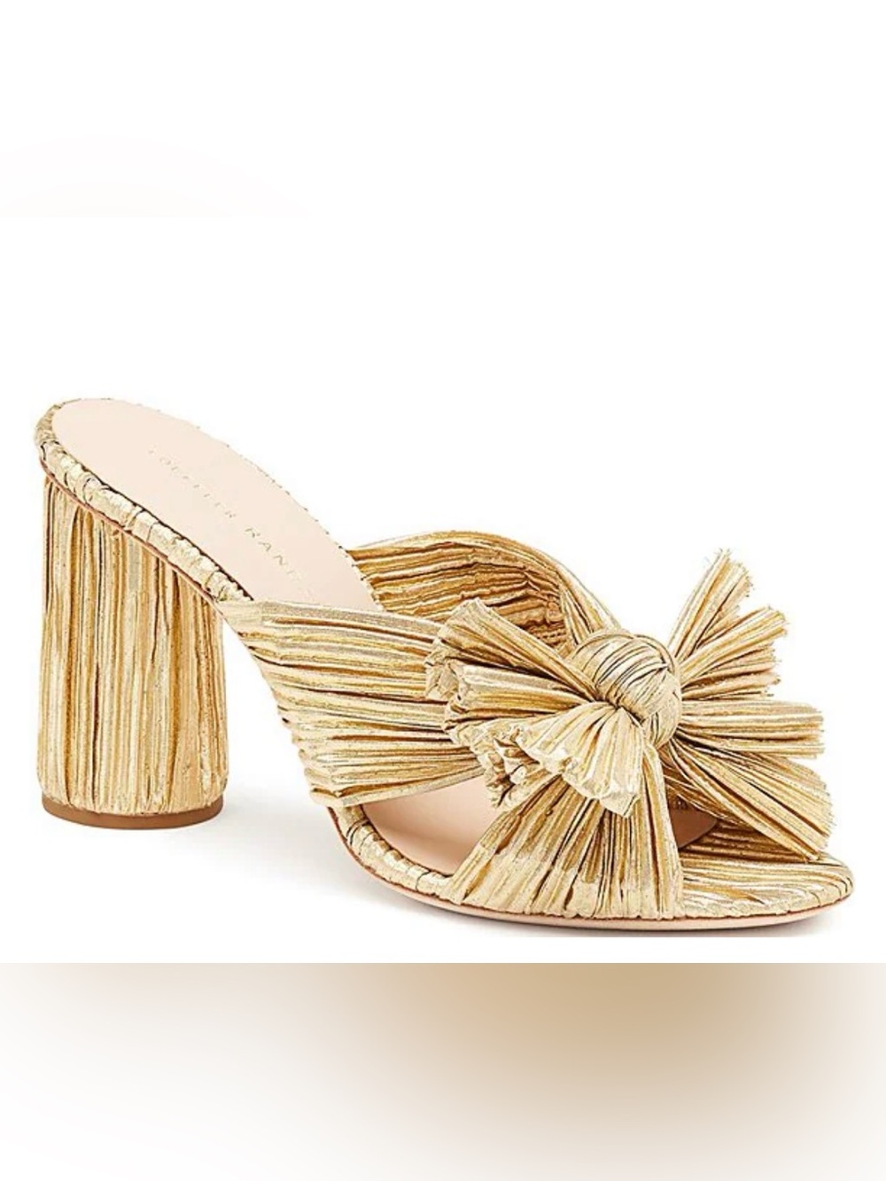 New in Box Loeffler Randall Penny Bow Metallic Gold Pleated Dress Sandals 6.5